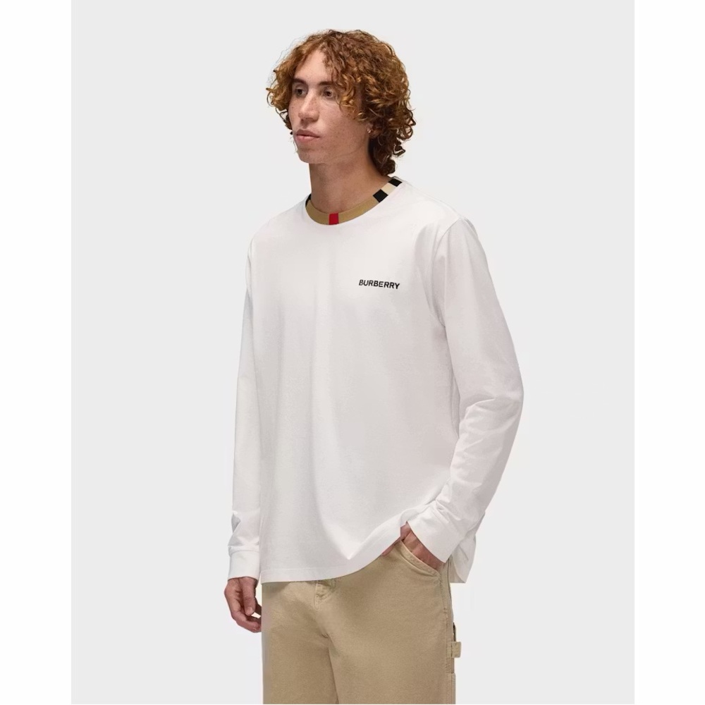 Burberry White Long-Sleeve Logo Tee with Contrast Neck Detail